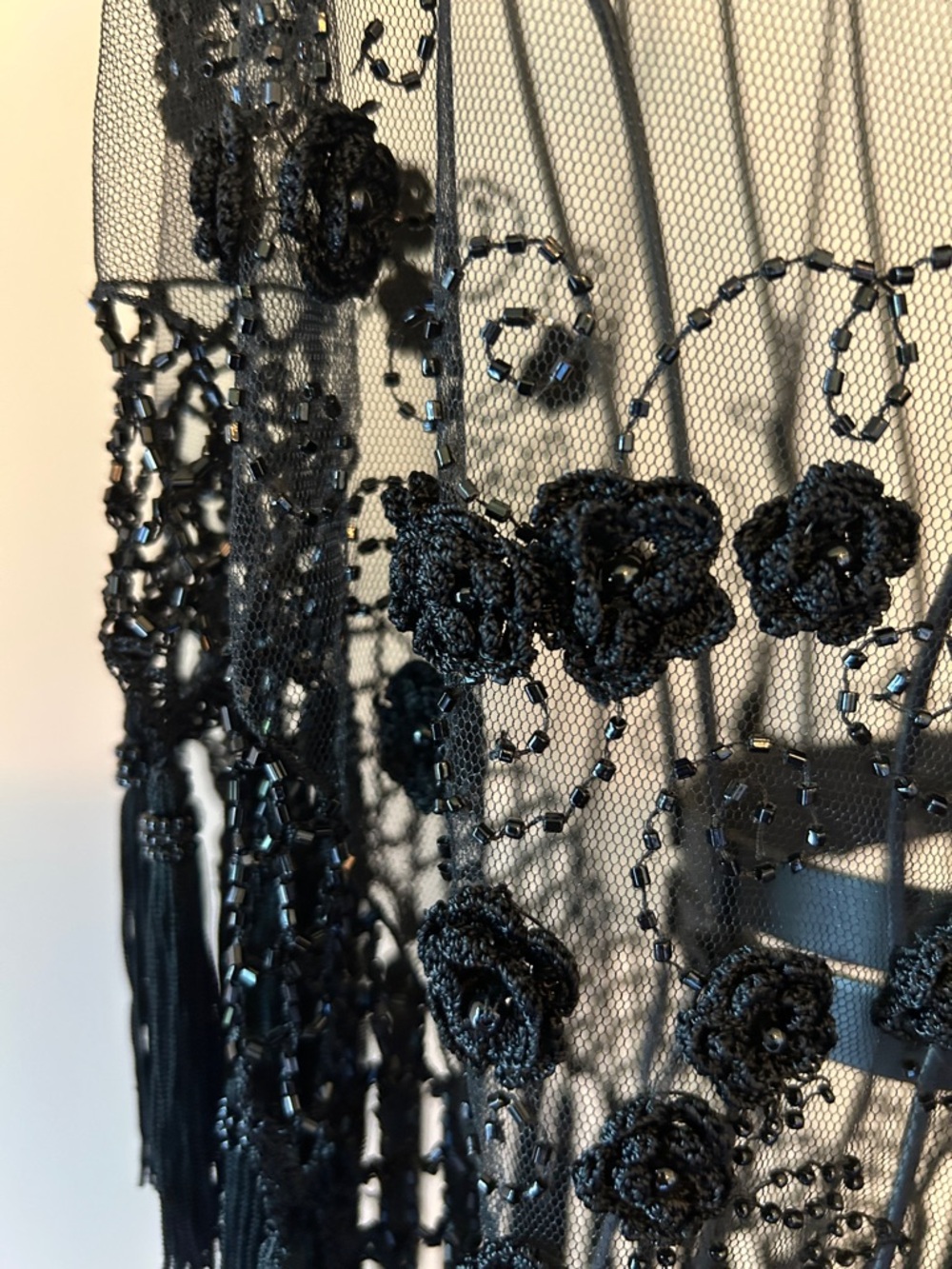 Black Lace Fringe Wrap Shawl - Elegant Evening Scarf - Picture 3 of 15